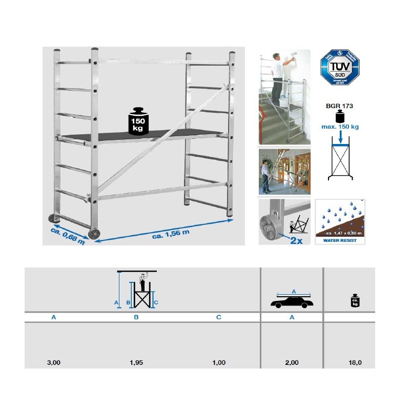 Echafaudage hauteur 3m + roues